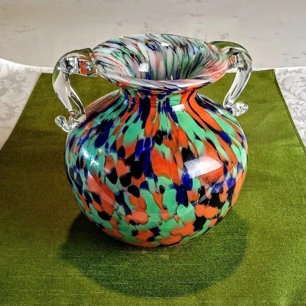 Multicolor Hand Blown 2-Handle Art Glass Jug Vase